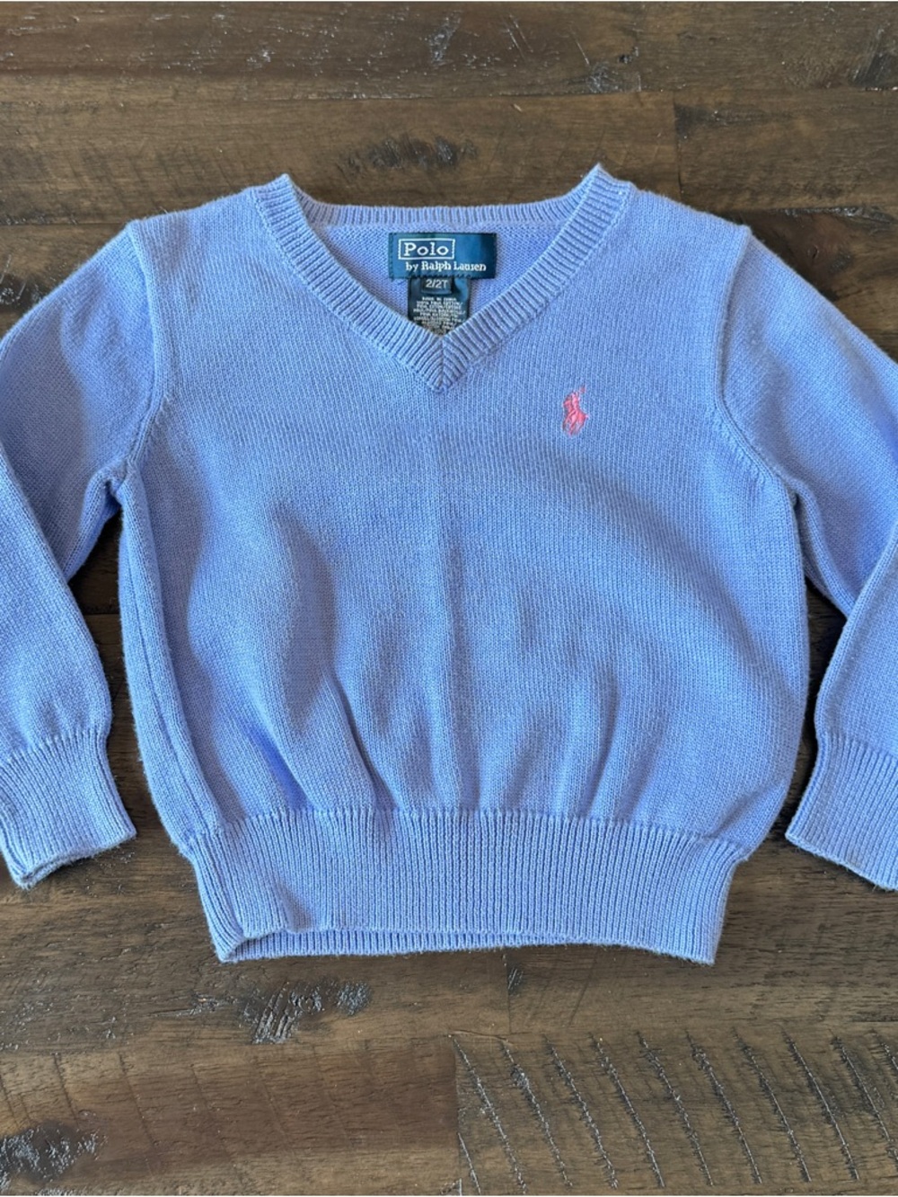 2T Polo by Ralph Lauren Periwinkle V‑Neck Pima Cotton Sweater with Pink Pony